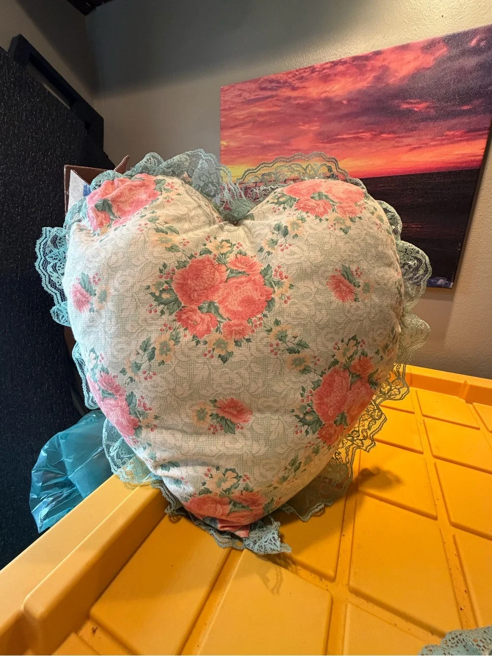 Vintage Lace Throw Pillow set green & blush floral hearts cottagecore